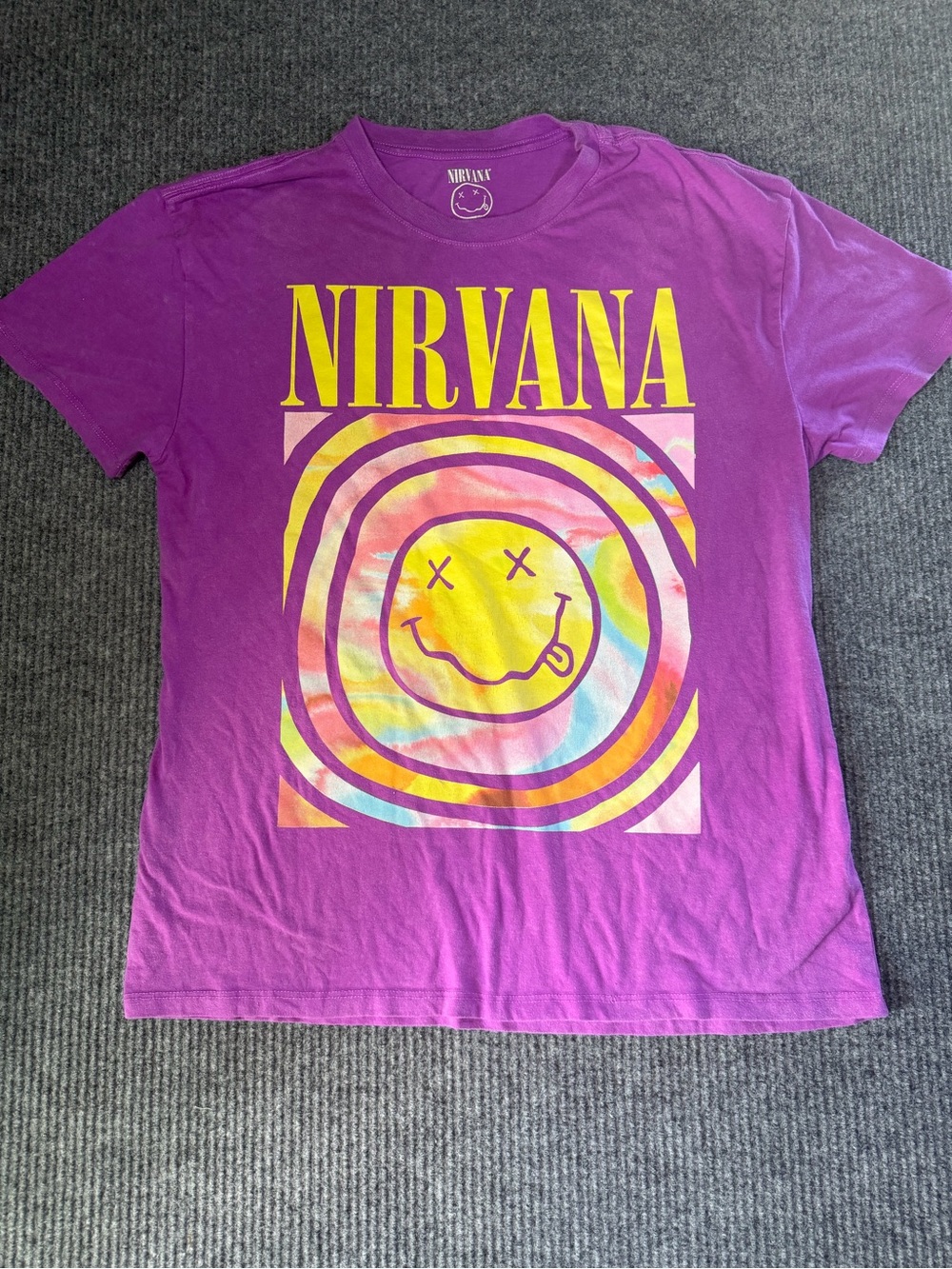 NIRVANA Purple Long-Sleeve Tee with Yellow Logo and Multicolor Graphic